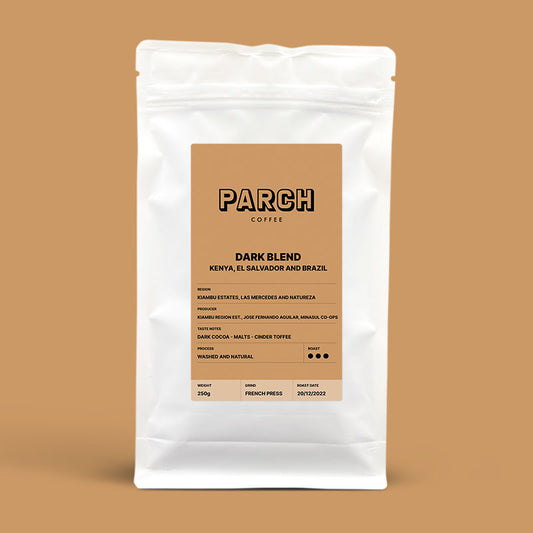 Dark blend, Kenya, El Salvador & Brazil washed natural process coffee blend from Parch Coffee