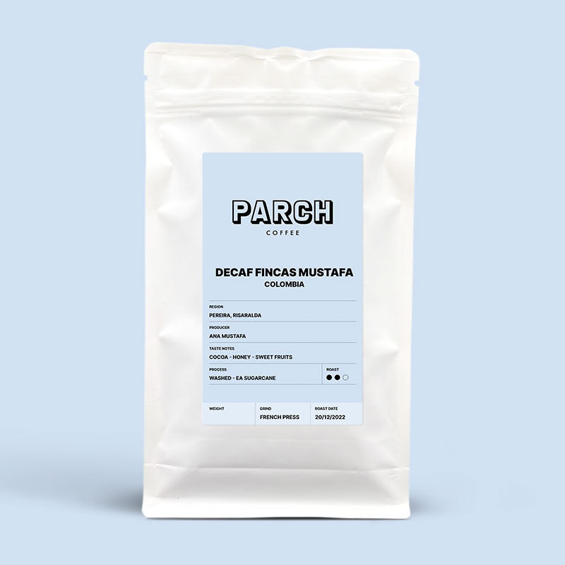 Decaf Fincas Mustafa, Colombia washed - EA Sugarcane process, single origin coffee from Parch Coffee